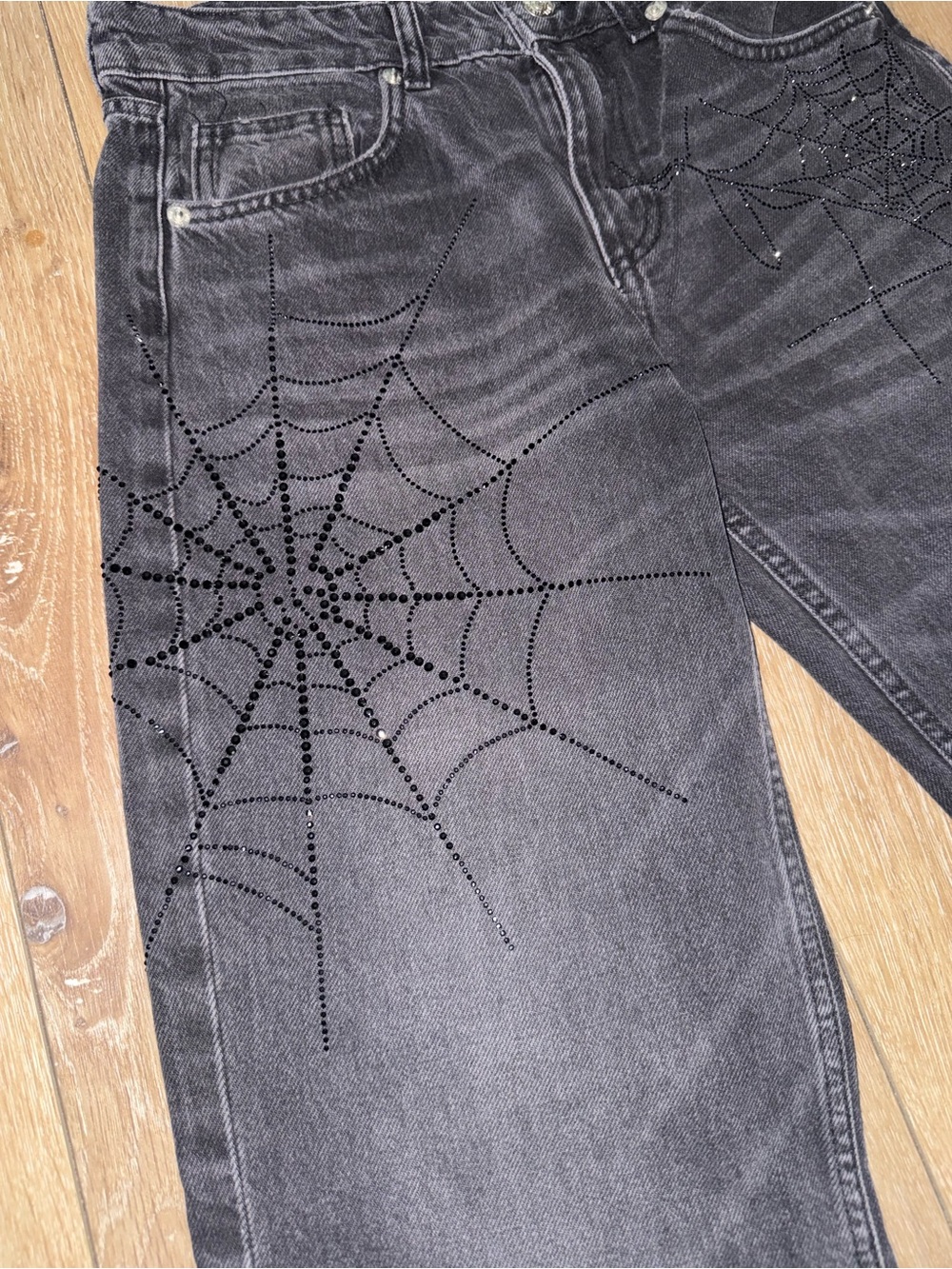 Zara SPIDERWEB Rhinestone Stud Details Black Grey Wide-Leg Jeans Detail SZ 4